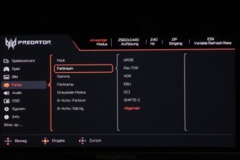 OSD: Eine Auswahl von sieben Farbräumen wird geboten