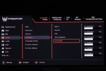 OSD: Vier vordefinierte Farbtemperaturen und ein einstellbarer Modus stehen zur Auswahl