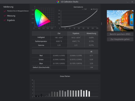 Ergebnisse in Calibration Studio nach der Kalibrierung