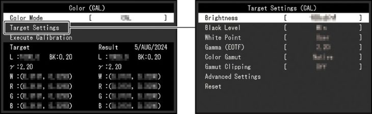 OSD: Bild-Einstellungen bei Kalibrierungsmodi (Bild: EIZO-Handbuch)