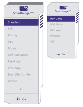 OSD: SmartImage Game und HDR (Bild: Philips-Handbuch)