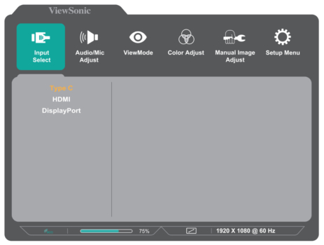 OSD-Hauptmenü mit sechs Reitern (Bild: ViewSonic-Handbuch)