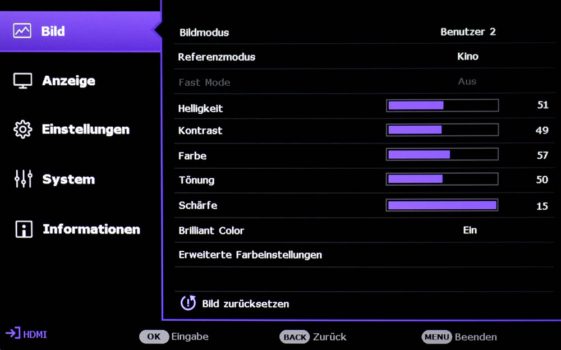 Bildmodus Benutzer 2: Einstellungsempfehlung