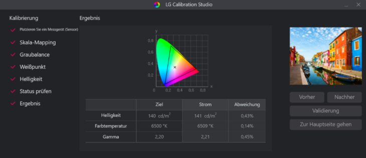 LG Calibration Studio, nachdem alle Prozesse durchlaufen wurden