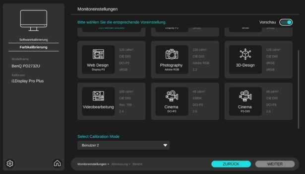AQCOLOR Pilot: Software-Kalibrierung nur mit vordefinierten Profilen